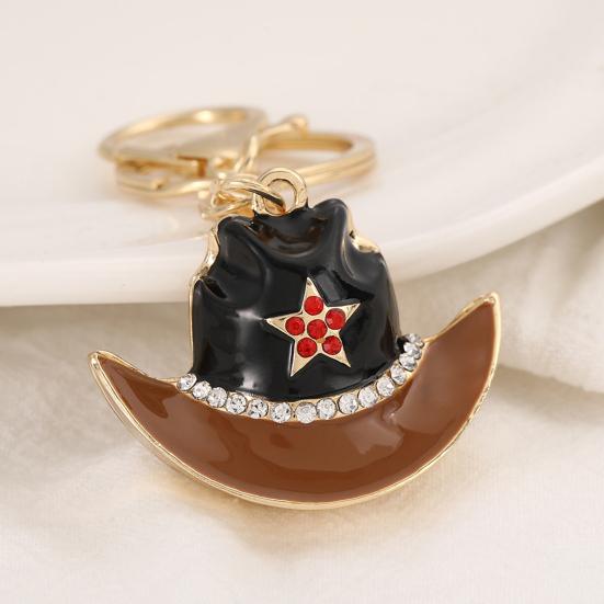 Keychain Pendant Sparkling Rhinestones Five-Pointed Star Pattern Western Style Cowboy Hat Design Key Chain with Lobster Clasp Backpacks Accessory
