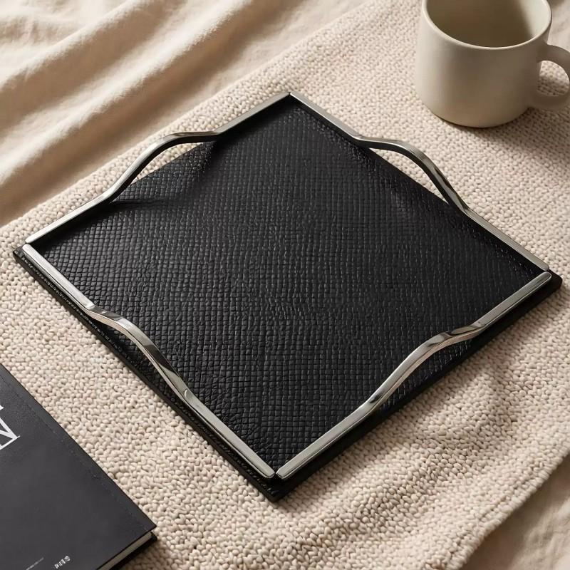 Luxury Grid Leather Tray Square Entryway Key Organizer Stainless Steel Desktop Decor Modern Home
