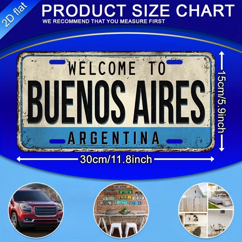 2D Flat, Vintage Buenos Aires Argentina License Plate Wall Art Aluminum Metal Sign - Argentine License Plate Number for Home