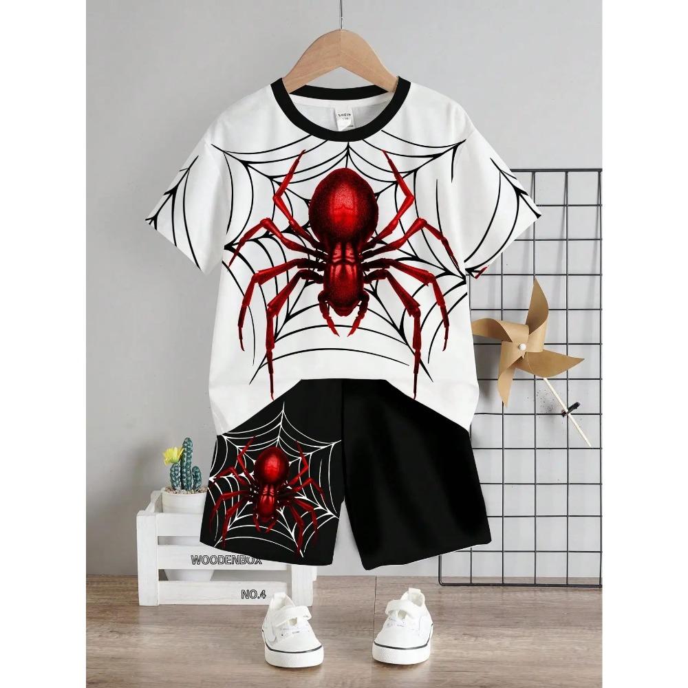

Summer children s casual and minimalist spider print round neck short sleeved T-shirt shorts set 140