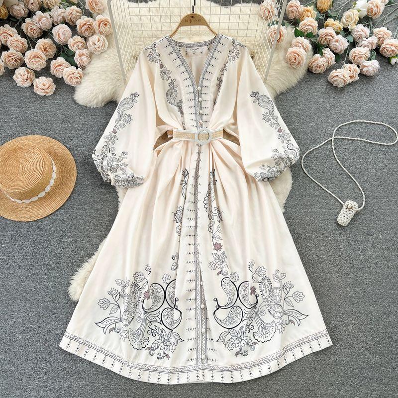 

Spring Retro Puff Sleeve Breasted Silm Dress Beige White S