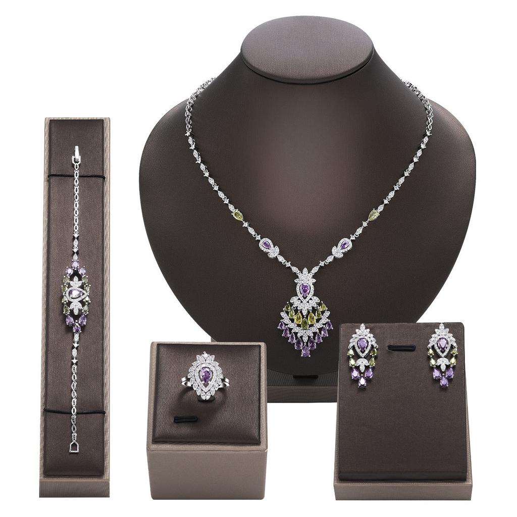 Original Design Hollow-out Unique Design Light Luxury Color Zirconium Necklace Earrings 4-piece Set Niche Versatile Jewelry Women