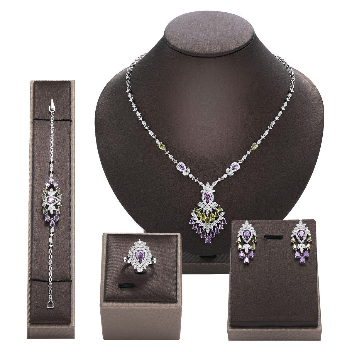 

Original Design Hollow-out Unique Design Light Luxury Color Zirconium Necklace Earrings 4-piece Set Niche Versatile Jewelry Women