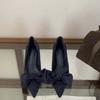 2025 Autumn New Pointed Suede Bow Retro High Heels Women's Fashion Thin Heel Commuter Shoes