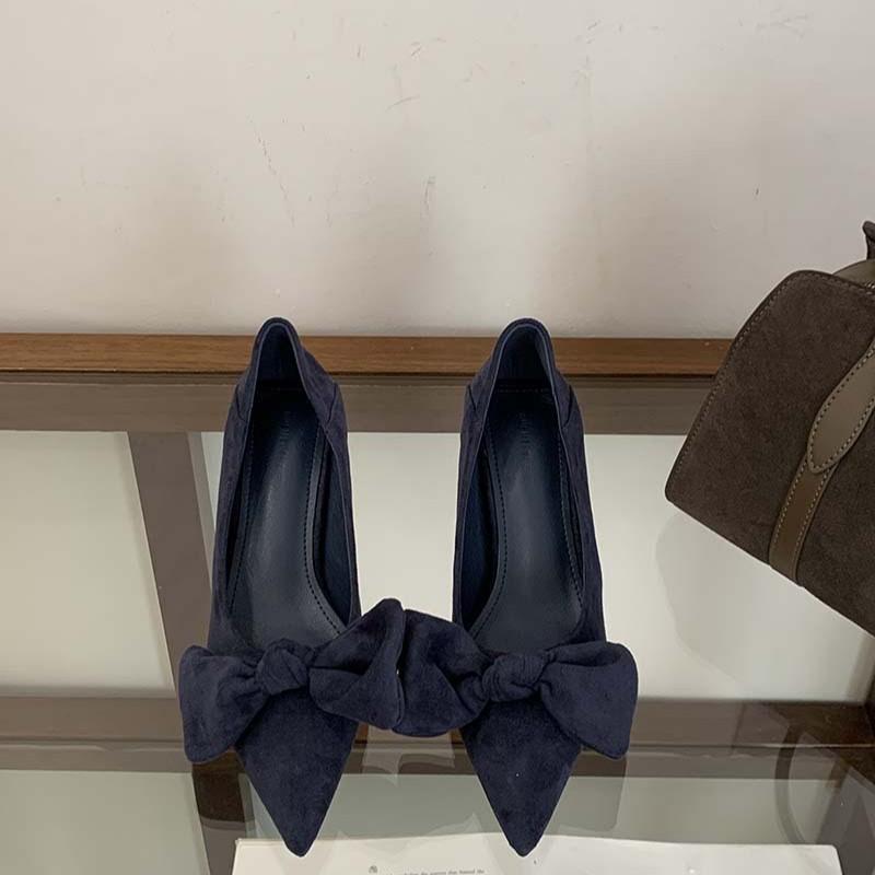 2025 Autumn New Pointed Suede Bow Retro High Heels Women's Fashion Thin Heel Commuter Shoes