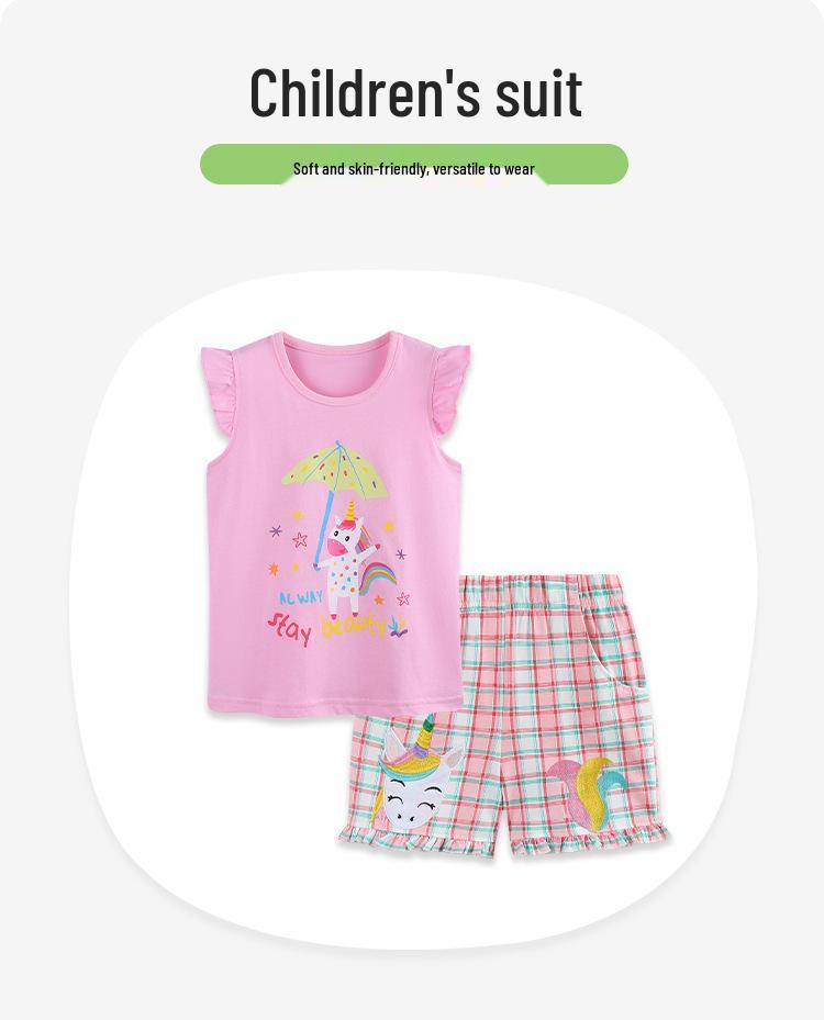 European Style Rainbow Unicorn Print Girls' Summer Shorts and Vest Set
