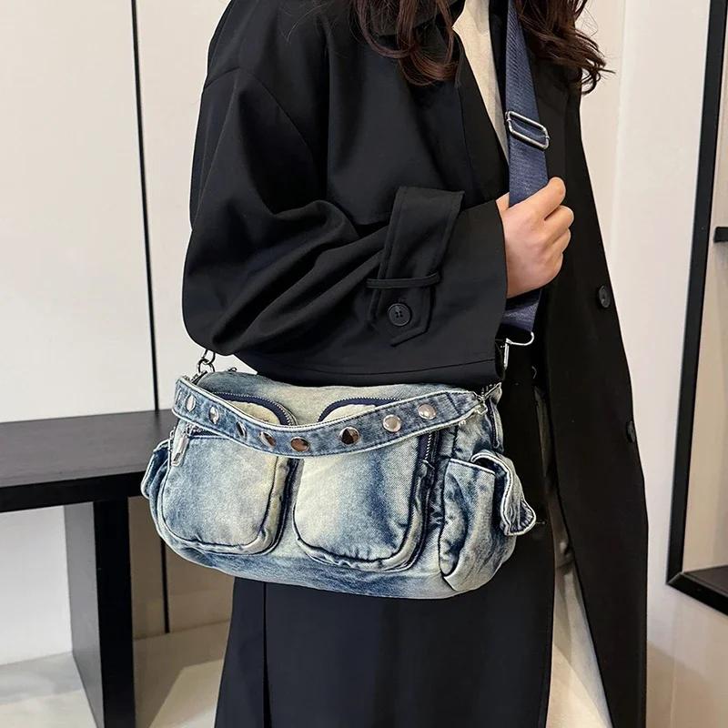 Advanced Feeling Multiple Pockets Vintage Denim Shoulder Bag Leisure Time High-capacity Versatile Practical Single Crossbody Bag