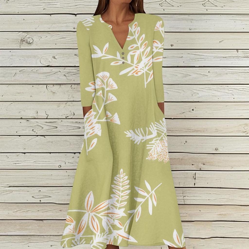 Women's Summer Casual V-Neck Button Vintage Floral Print Three-quarter Sleeve Long Dress With Pockets