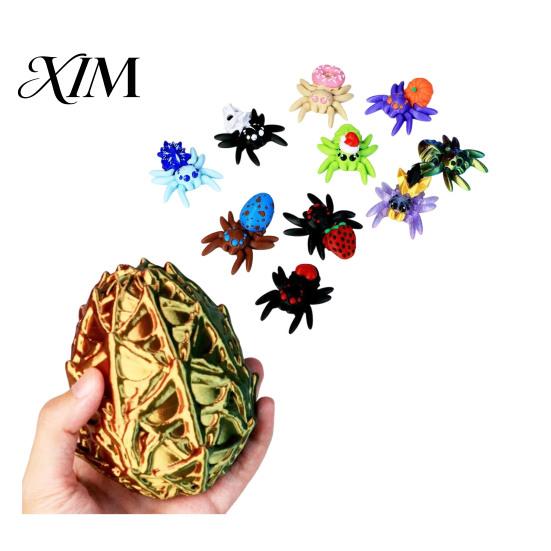 Spooky Halloween Decorations 3D Printed Spider Egg Set with 10Pcs Articulated Small Spiders, Movable Joint Safe PLA Toys Figurines, Fidget Toy,