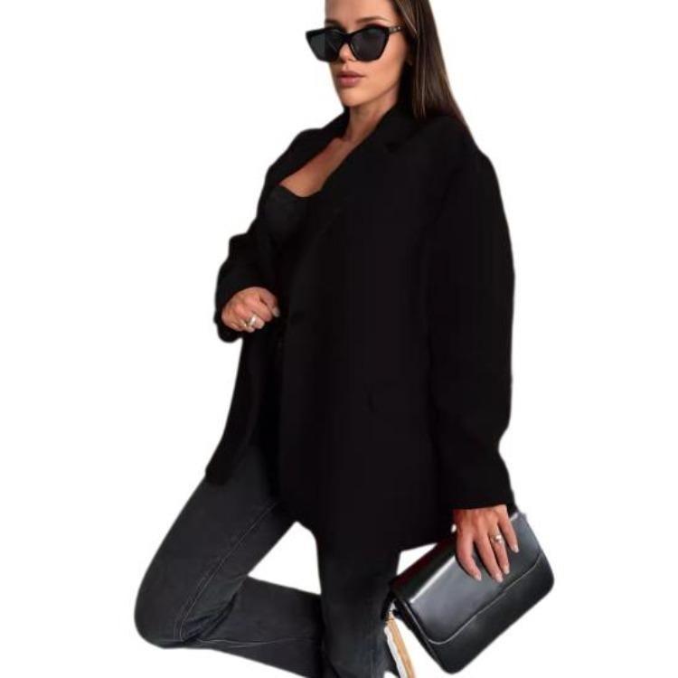 Women Winter Woolen Coat Oversized Thick Casual Long Sleeves Solid Color Top Autumn Loose Single Breasted Lapel Collar Jacket
