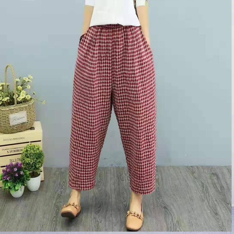 Summer Literary Vintage Plaid Printing Harem Pants Women Elastic Waist Loose Casual All-match Pocket Trousers