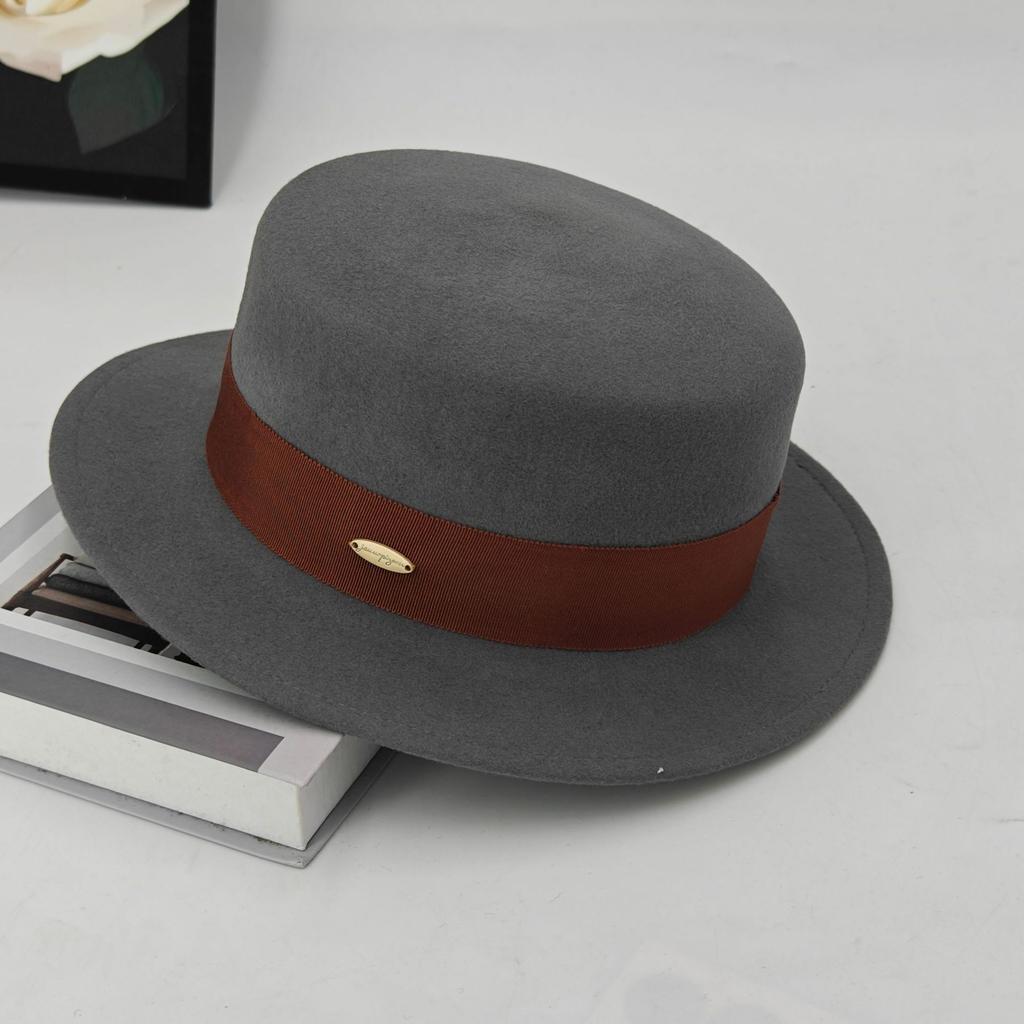 New French retro flat-top woolen top hat women's autumn and winter British versatile fashion wide-brimmed hat simple