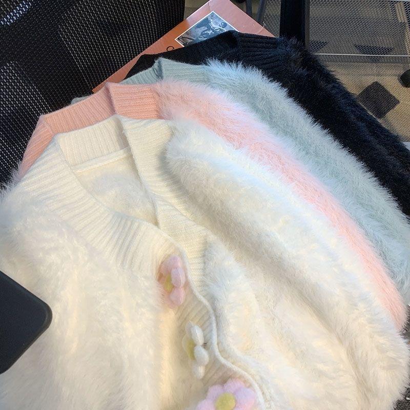 Pulover tricotat din catifea de nurcă femei toamnă și iarnă 2023 decolteu în v pulover blând și tridimensional cu flori cardigan top feminin