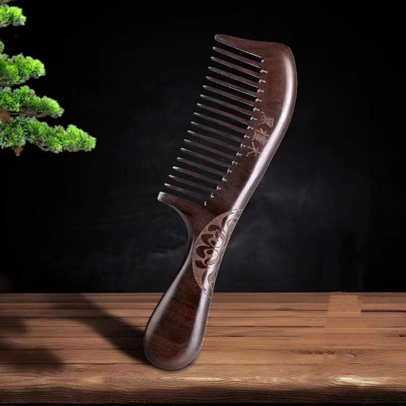 Ebony Comb, Long-handled, Densely Toothed, Double-sided Carved Whole Wood Comb
