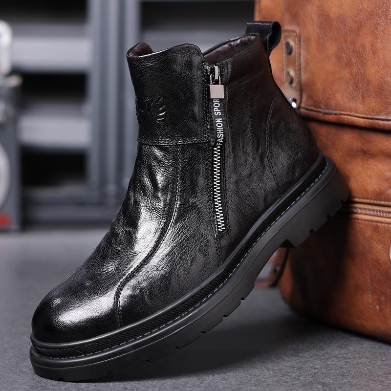 Men's Genuine Leather High-Top Martin Boots with Velvet Lining - Stylish and Warm Motorcycle Work Boots