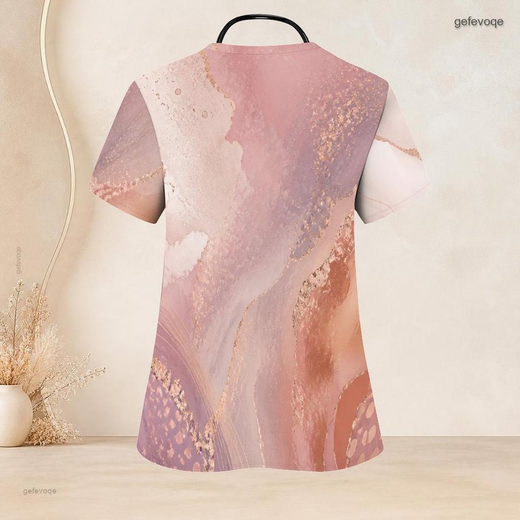 Women Plus Size Pink Printed V Neck Short Sleeve Nurse Scrub Top With Front Pockets