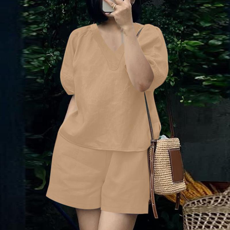 

ZANZEA Женская повседневная блузка с коротким рукавом и шорты Летний комплект из двух предметов 4XL хаки