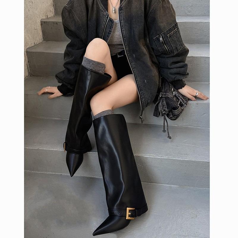 Ladies' Square-Button Trouser Boots Pointed Slender Heels High Heels Long Boots That Don'T Reach The Knee Stylish Fashion Boots