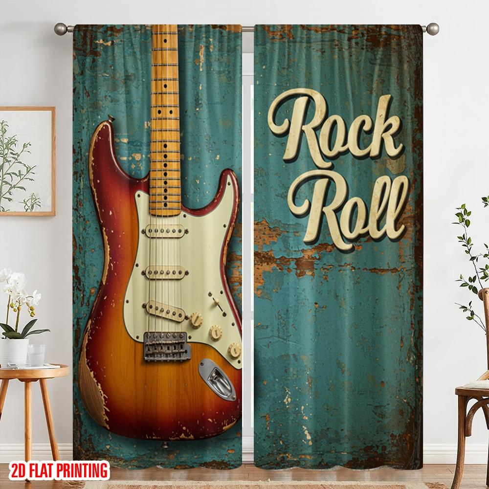 2pcs 2D Flat Printing Curtains Vintage Guitar Rock Roll Fabric Without Electricity 0 for Yard & Garden No Power Needed