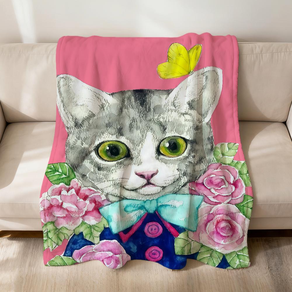Cute Vintage Cartoon Cat Fashion Brand Flannel Soft Warm Plush Blanket Sofa Living Room Pet Hogar Bedroom Gift Home Car Portable