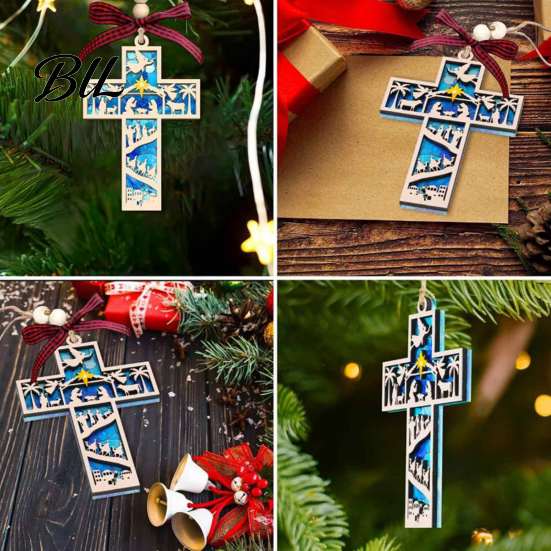 Reading Enthusiast Gift Christmas Wooden Hollowed Pendant, Cross/Christmas Tree Hanging Ornament, Decorative Holiday Wood Craft Plaid Bow Decor