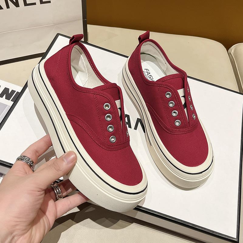 Thick-soled Elastic One-pedal Canvas Shoes for Women's New Versatile Breathable Casual Shoes Heightening Little White Shoes Board Shoes for Women