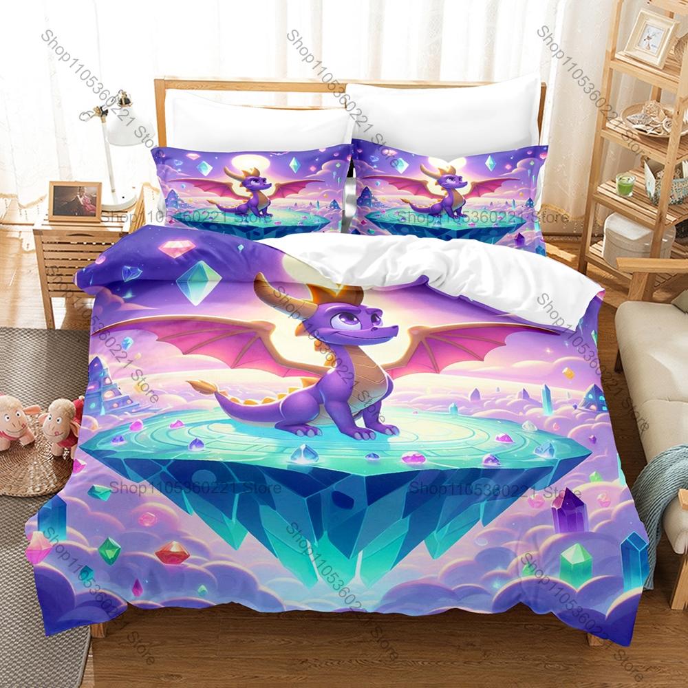 Spyro Reignited Trilogy Bedding Set, Duvet Cover & 2 Pillowcases, Cute Dragon Character Pattern Breathable Fabric All Season