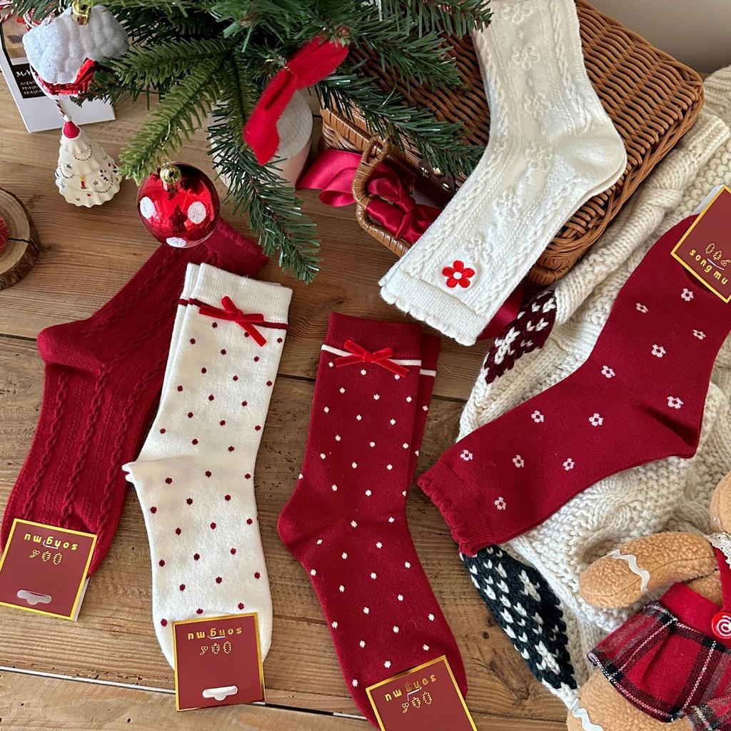 Songmu Winter Rabbit Down Big Red Socks New Year Socks Velvet Bow Tube Socks Lucky Socks