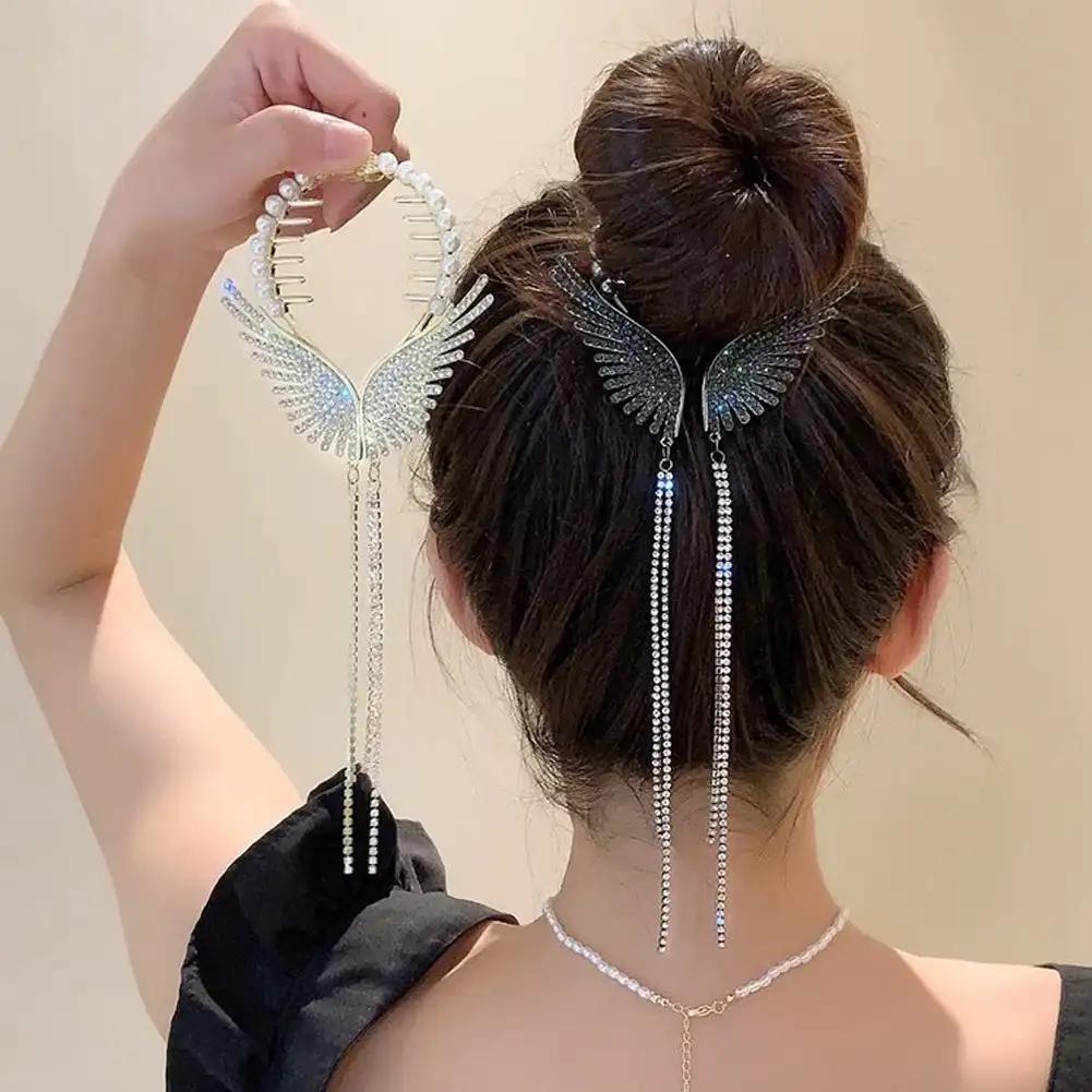 Elegant Tassel Hair Claw Rhinestone Pearl Flower Tassels Hair Clip Women Girl Ponytail Holder Hairpins Fringe Hair Accessories