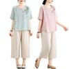 Mid-age Women's Embroidered Cotton-Linen Two-Piece Set, Loose Fit, Plus Size, Short Sleeve Top & Pants for Summer