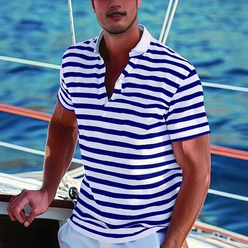 Summer Men's Blue White Striped Polo Shirt Nautical Short Sleeve Top