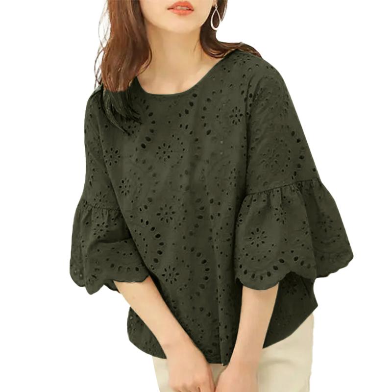 

ZANZEA Женская повседневная кружевная блузка крючком с круглым вырезом и рукавами 3/4 2XL зелёный