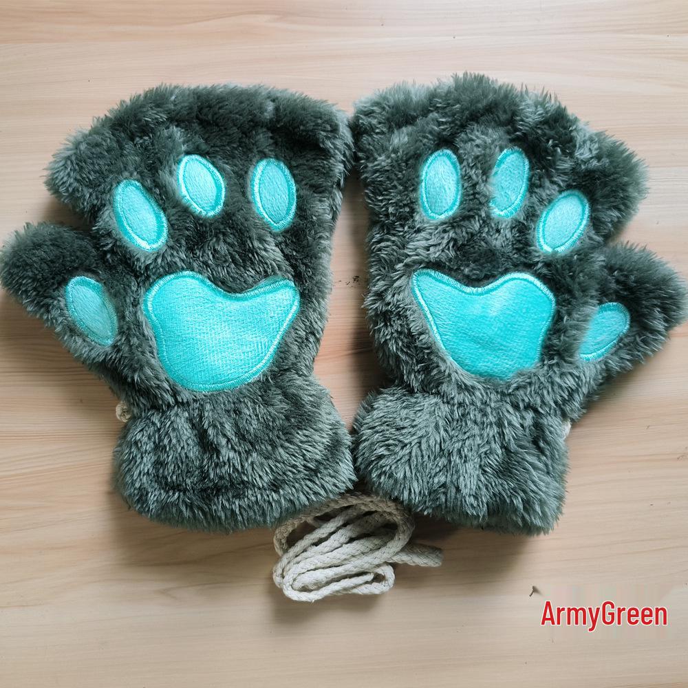 Women's Cute Cartoon Bear Paw Fingerless Plush Gloves with Hanging Neck