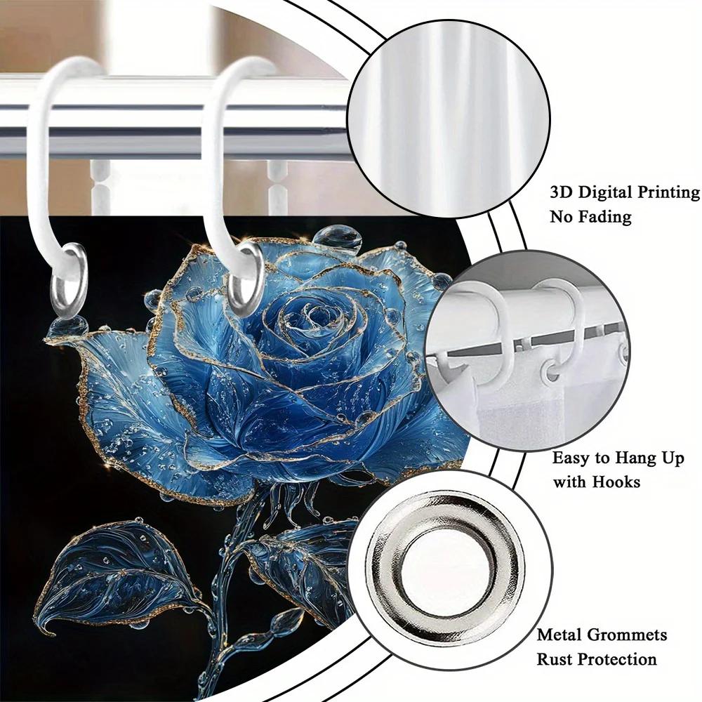 Blauer Rosen-Duschvorhang mit funkelnden Tropfen, ätherisches fotorealistisches Design, 12 Haken, stilvolle Badezimmerdekoration