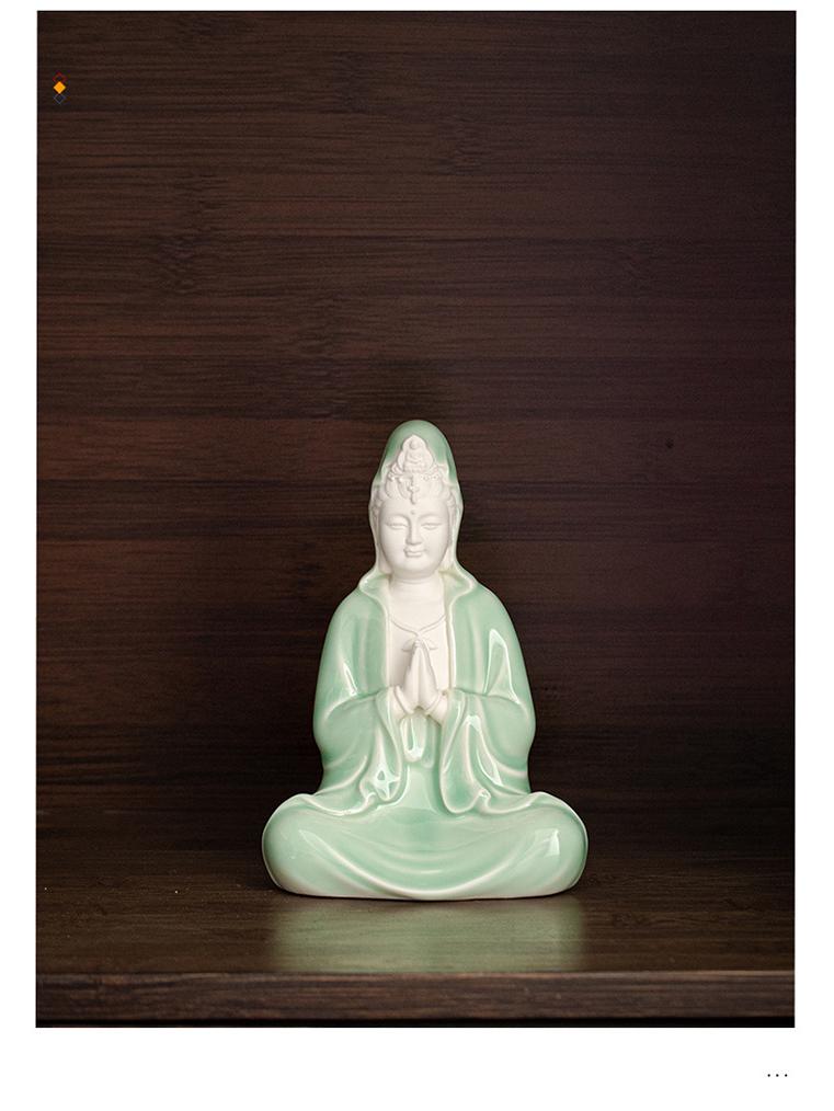 Ceramic Seated Guanyin On Lotus with Light Ring and Anjali Mudra for Home Decor