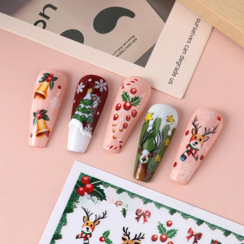 1 st 3D Julnagelkonstklistermärke Julgran Tomte Älg Klockor Snögubbe