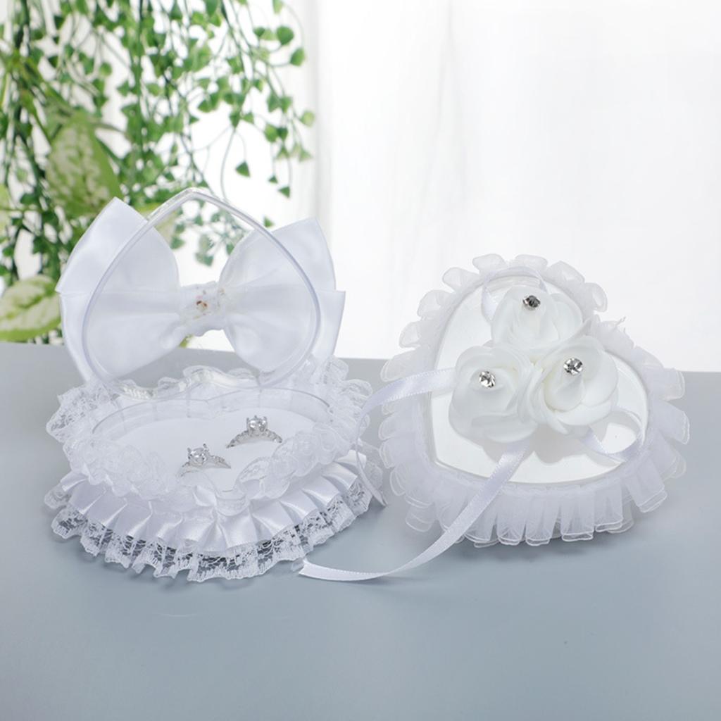 Wedding Ring Pillow Heart Box, White Romantic Lace Pearl Ring Box Holder with Ribbon for Wedding Ceremony Ring Bearer
