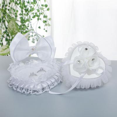 White Wedding Ring Pillow Heart Box, Romantic Lace Pearl Ring Box Holder with Ribbon for Wedding Ceremony Ring Bearer