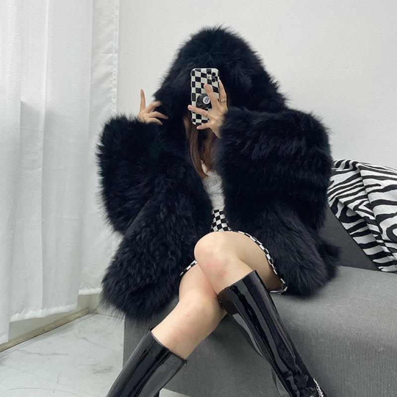 Autumn Winter Oversized  Warm Shaggy Hairy Faux Fur Coat Women with Hood Loose Casual Fluffy Jacket