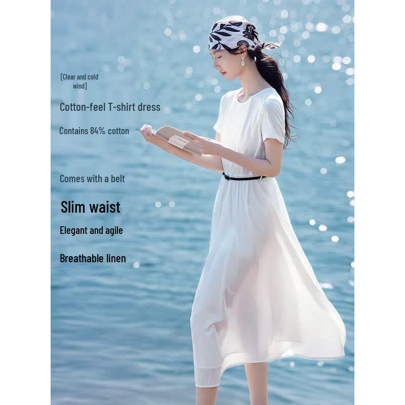XWI Anti-See-Through Linen-Blend White Summer Dress M