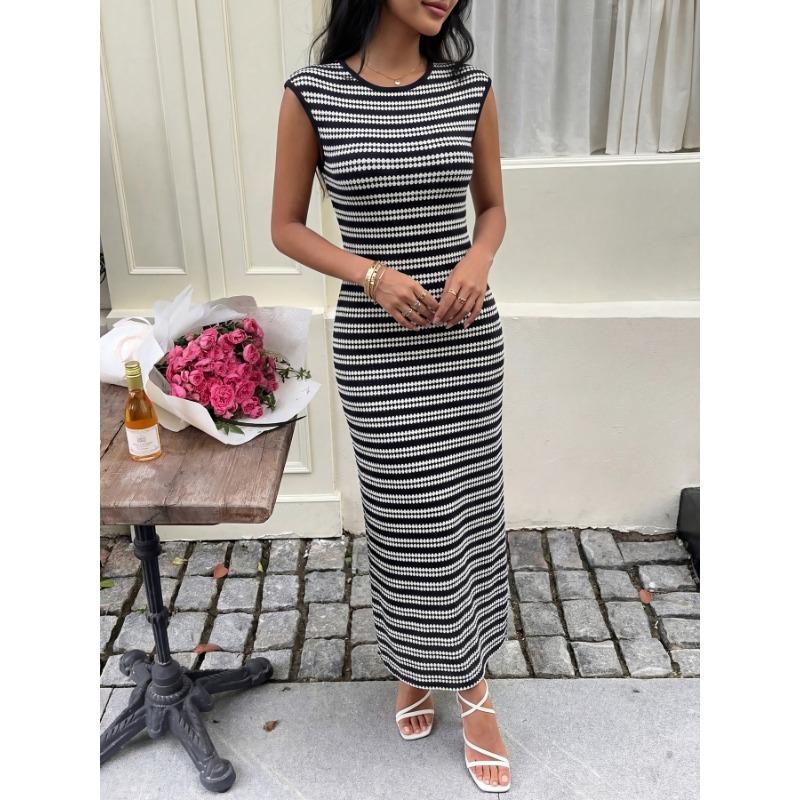Striped Knit Sleeveless Bodycon Maxi Dress For Women