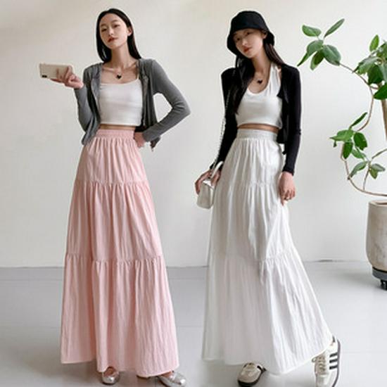 Summer 2025 White Midi Skirt: Women's Puffy Swing Dress