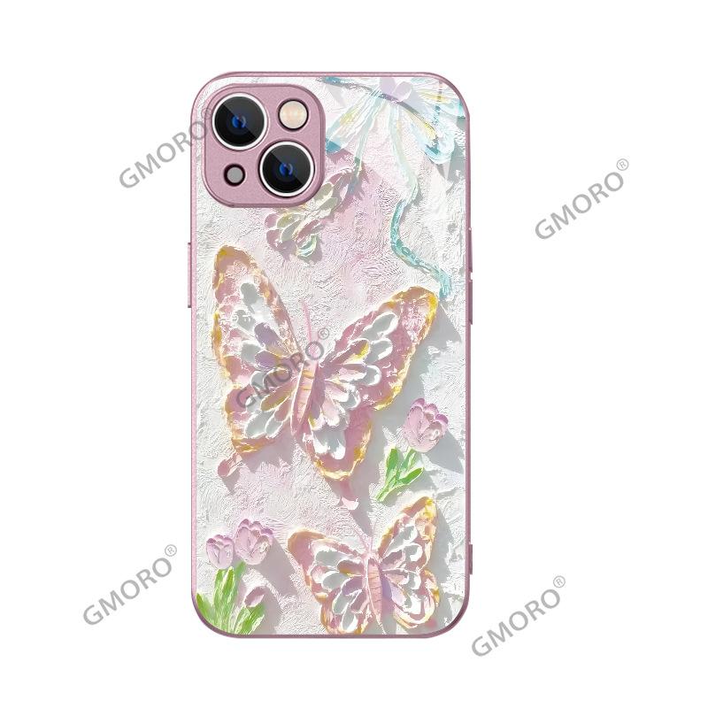 Hot-selling oil painting wind butterfly flower application Apple 17 small fresh glass case 16/15 all-inclusive mobile phone case