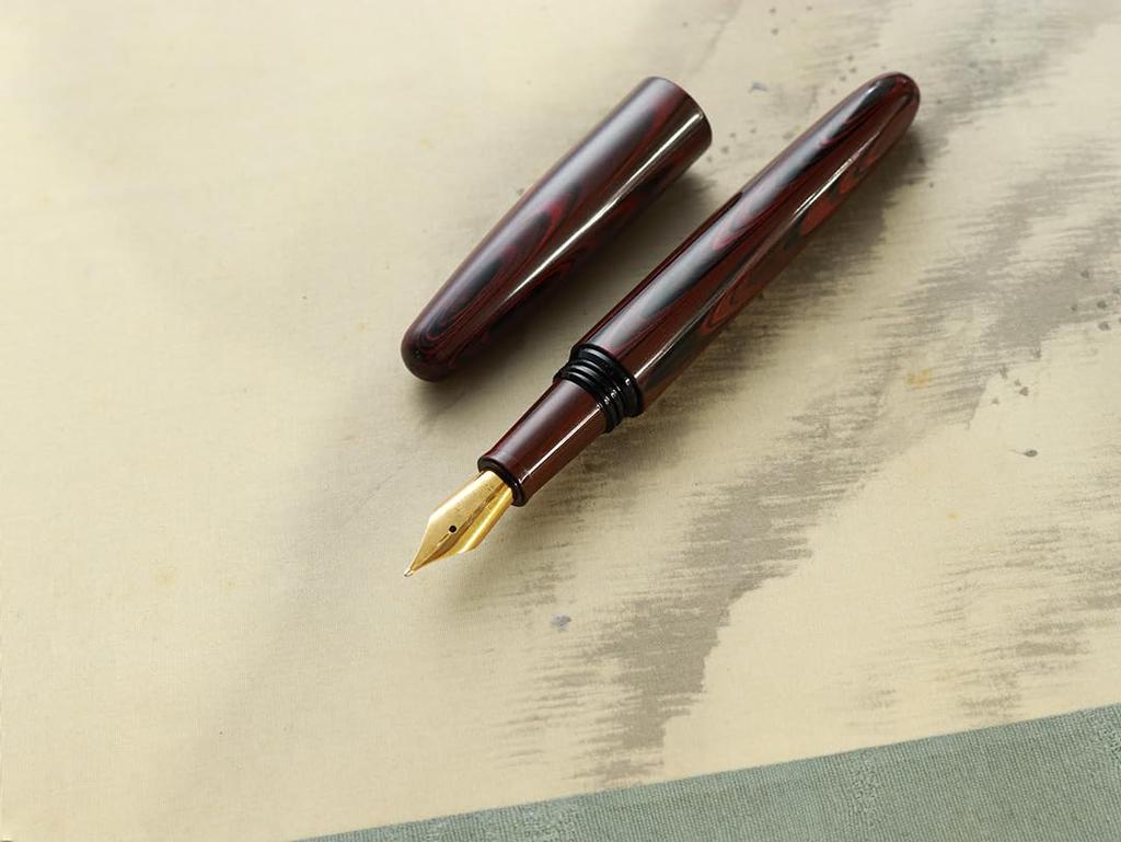 WANCHER DREAM PEN True Ebonite Marble Red Cigar Shape Fountain Pen Mountain Stream Stainless Steel Gold (KEIRYU Nib, Design, Plated)