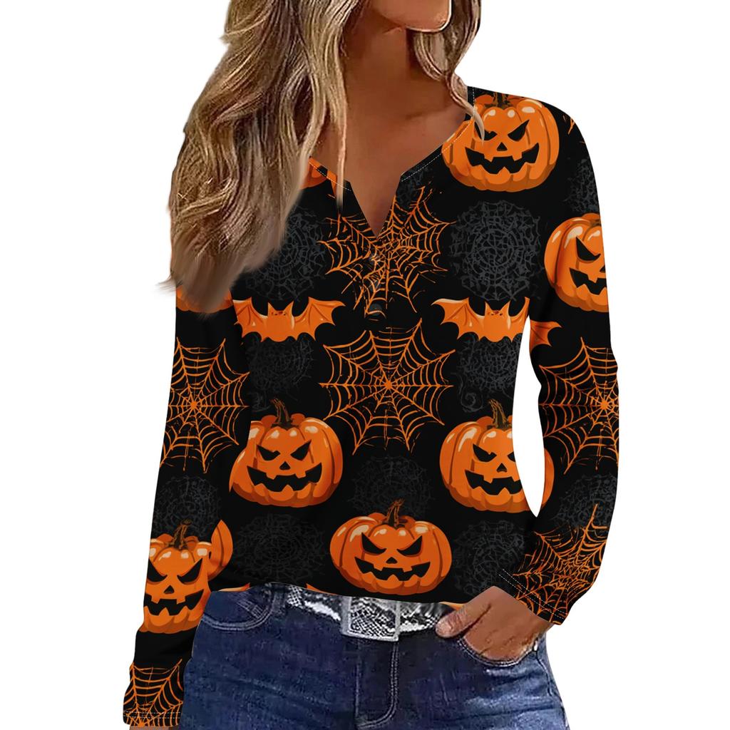 Women's Halloween Print V-Neck Long Sleeve T-Shirt with Button for Casual Holiday Wear