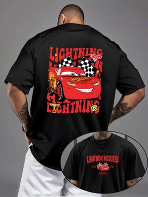 Disney Flash McQueen Car Print Men's T-shirt, 100% Pure Cotton Short-sleeved, Casual, Comfortable and High-quality Men's Top