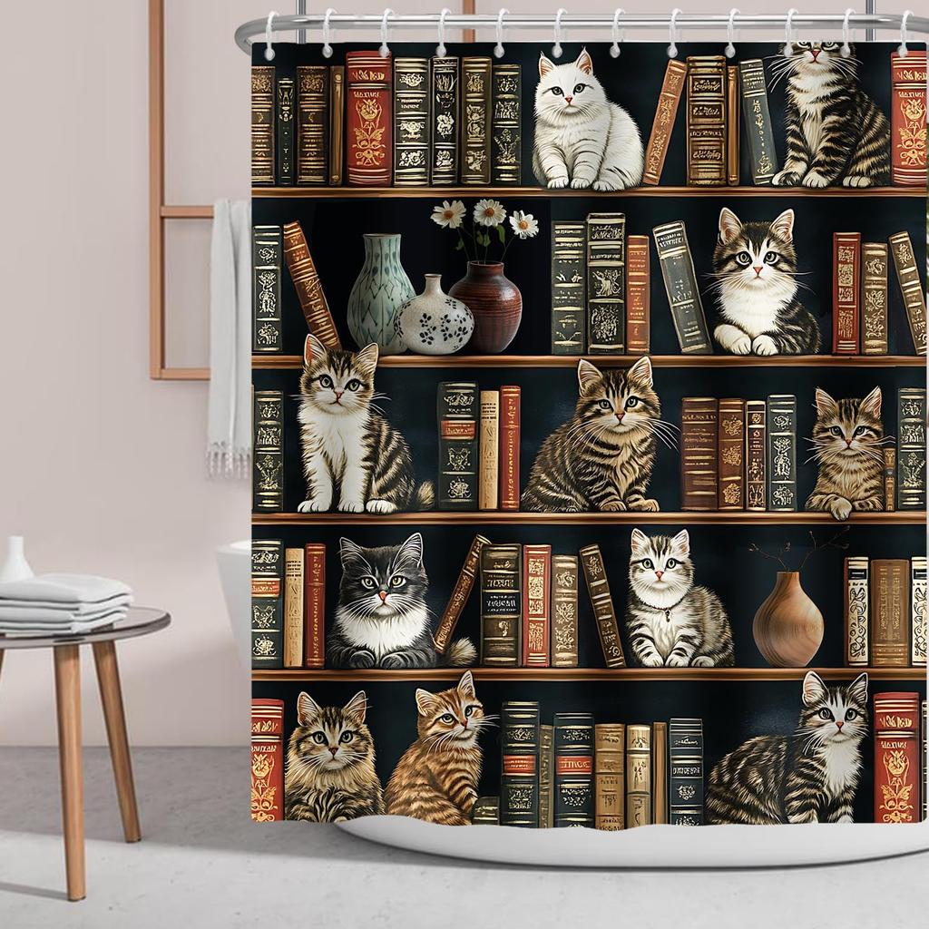 Katt Duschdraperi Biblioteksbok Kattunge på Bokhylla, Vas Blomma Boho Tyg Duschdraperier Badrumstillbehör 72x72 Tum