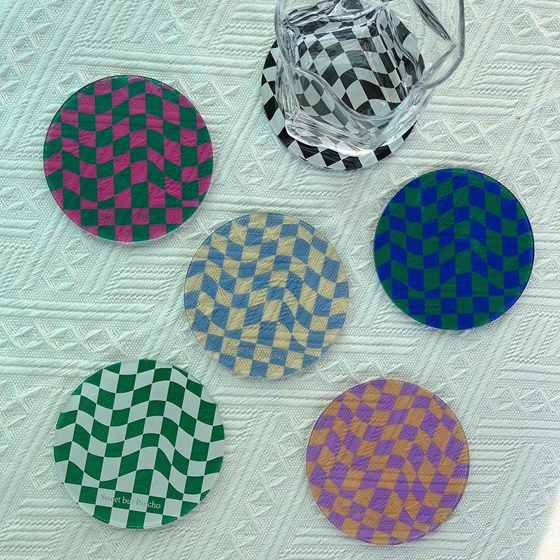 Retro Checkered Pattern Coaster ,round Acrylic Anti-slip Cup Pad Dining Table Placemat Cafe Decor ,Coffee Mug Cup Coasters Pad