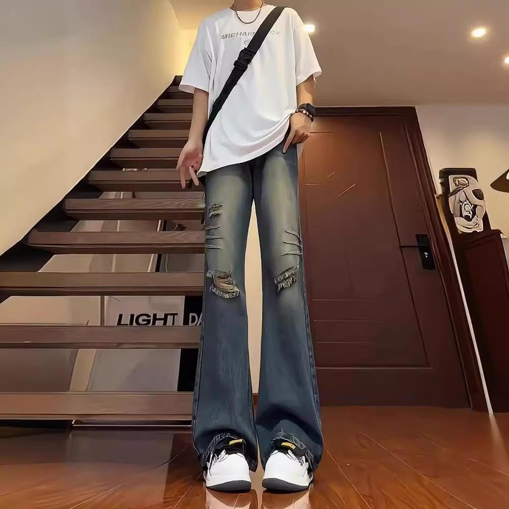 Semi-elastic jeans men's and women's summer thin ripped pants American high street vibe straight-leg micro-pull pants