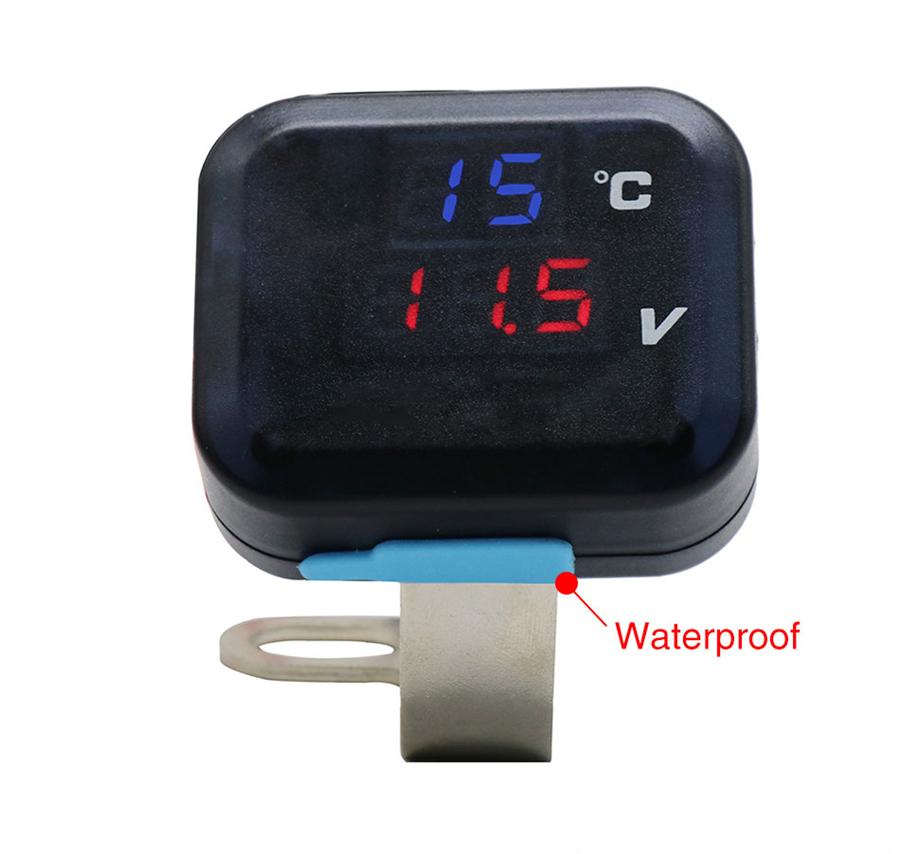 Motorcycle Digital Voltmeter Thermometer Temp Voltage Gauge Blue Red LED Display